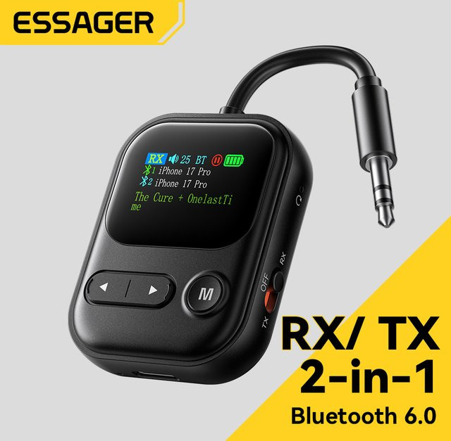 Essager Bluetooth 6.0 Audio-Empfänger und Sender mit Mikrofon und LCD-Display, 3,5-mm-Klinke, Schwarz - Bild 1