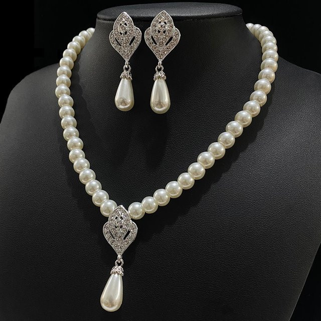Schmuck-Set Halskette, Ohrringe, Perle, Diamant, Zirkonia, Weiß, Damen - Bild 1
