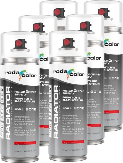 RodaColor Heizkörperspray Sprühlack RAL9016 Verkehrsweiss, 6er Set, 400ml pro Dose - Bild 1