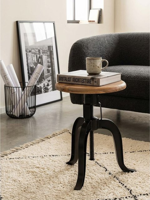 Höhenverstellbarer Drehhocker von KADIMA DESIGN aus Akazie Massivholz und Metall in Braun, B/T/H: 39 x 39 x 62,5 cm - Bild 1