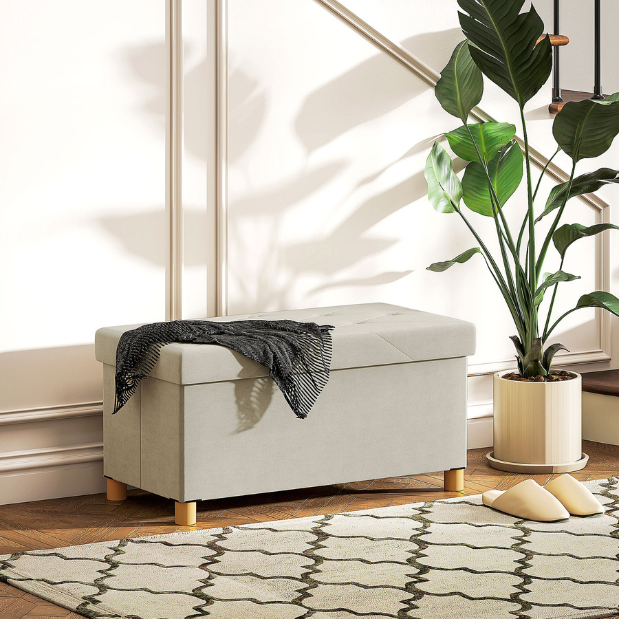 HOMCOM Aufbewahrungs-Pouf als klappbare Aufbewahrungsbank aus Samt in Beige, B/T/H: 76 x 38 x 38 cm - Bild 2
