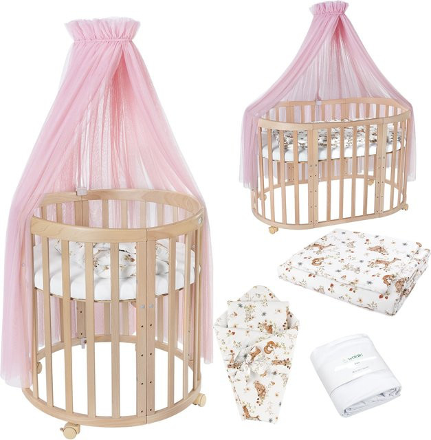 Waldin Babybett OWAL 7in1 Kinderbett aus Buchenholz mit Matratze, mitwachsendes Kinderbett, lackiert - Bild 1