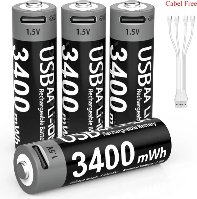 WHITECRANE Wiederaufladbare AA-Lithium-Batterie mit USB Typ C, 1,5 V, 3400 mAh, Schwarz - Bild 1