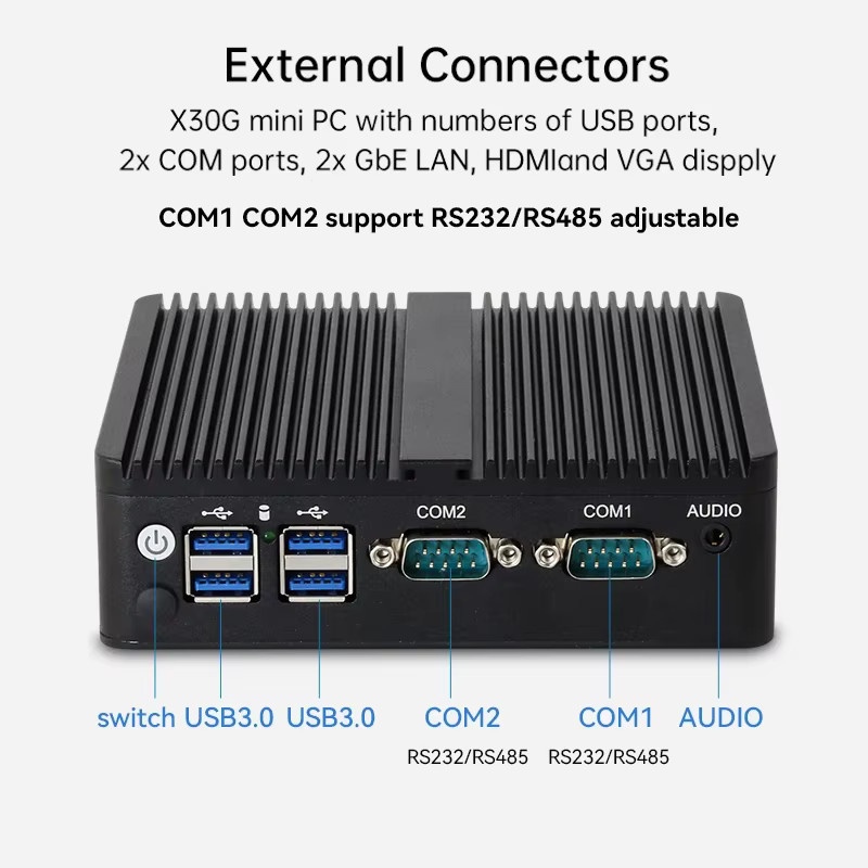 Intel Celeron Lüfterloser industrieller IoT-Mini-PC in Schwarz mit 2x COM RS232 RS485, 2x Gigabit Ethernet sowie Unterstützung für WiFi, 3G und 4G SIM - Bild 2