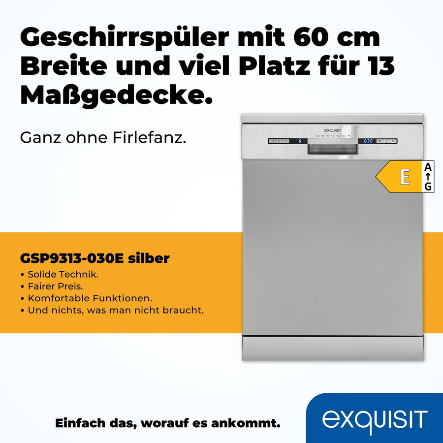 Exquisit Geschirrspüler GSP9313-030E in Silber mit Edelstahlgehäuse und Schnellprogramm - Bild 2