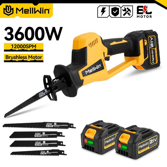 MELLWIN Bürstenlose elektrische Säbelsäge 3600W in Gelb, tragbare Schneidesäge mit 4 Multiklingen für Holz und Metall, kompatibel mit Makita 18V Akku LXT - Bild 1