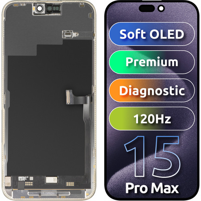 MP Touchscreen-Display für Apple iPhone 15 Pro Max, Premium Soft OLED FHD 120Hz Diagnostic Version mit Rahmen, Schwarz - Bild 1
