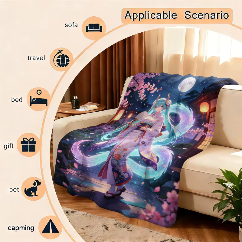 Hatsune Miku Kimono Drachen Flanell-Überwurfdecke in Multicolour, weiche Fleece-Decke mit floralem Design für Sommer und Reise - Bild 5