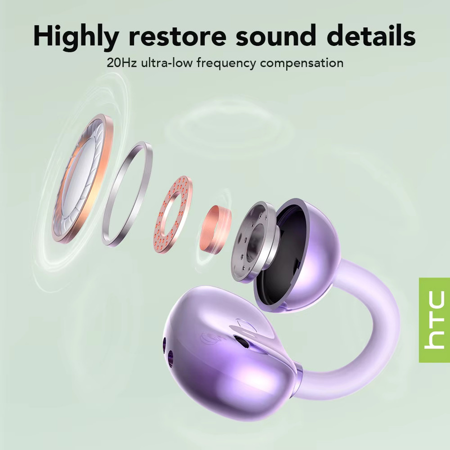 HTC NE54 True Wireless Earclip Bluetooth-Kopfhörer mit Knochenleitungs-Technologie und Farbdisplay in Pink oder Purple - Bild 2