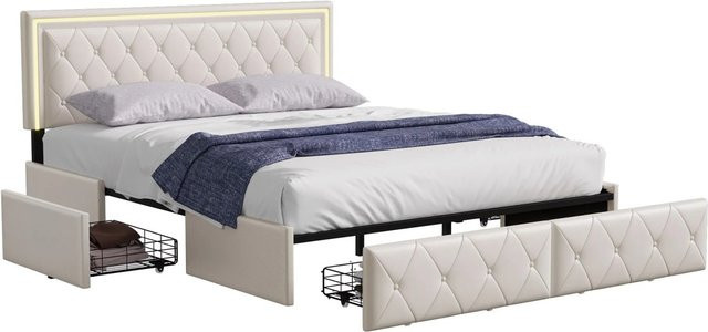 PXloue Bettgestell mit Schubladen und verstellbarem Kopfteil in Beige mit USB-Ladeanschluss, B/T/H: 140 x 200 x 145 cm - Bild 1