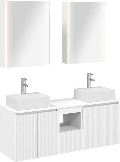 vidaXL Badezimmerschrank-Set 5-teilig in Weiß Matt, modernes Set aus Waschtischunterschrank, Wandunterschrank und Spiegelschrank mit LED-Beleuchtung und Regalen - Bild 1