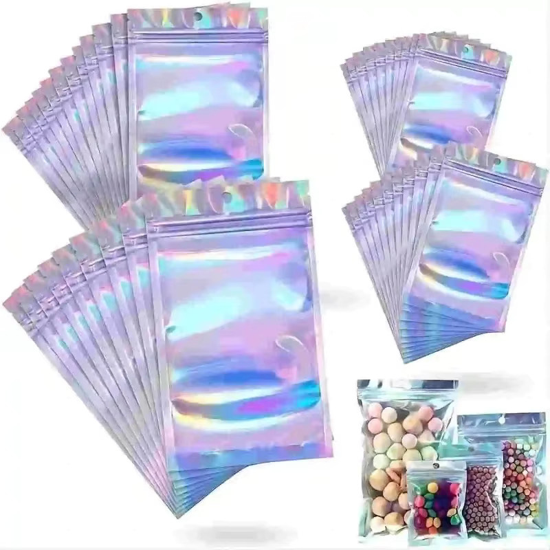 100-teiliges Set holografische Selbstklebebeutel mit Laser-Regenbogenmuster und Sichtfenster in Multicolour - Bild 2