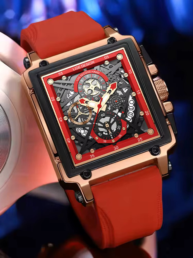 LIGE Armbanduhr Chronograph, Quarz, Rot, Silikon, Herren - Bild 5