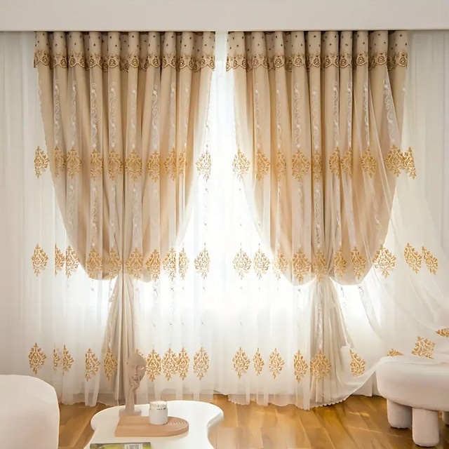 CENTURyMiG Doppelschichtiger transparenter Vorhang mit floraler Stickerei in Gelb, lichtfilternd und semi-transparent für Wohnzimmer und Schlafzimmer, Breite: 130 cm, Höhe: 100 cm - Bild 1