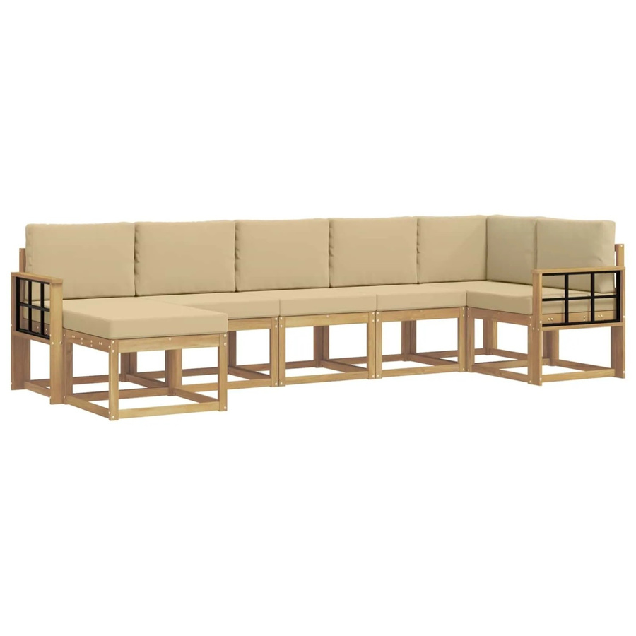 vidaXL Outdoor-Sofagarnitur 7-teilig in L-Form aus Akazienholz mit Kissen in Weiß und Beige - Bild 2