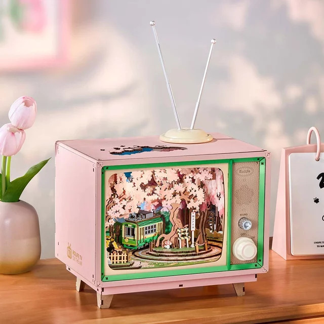 Robotime Sakura Dreamy Tour AMT02 DIY Musikbox 3D Holzpuzzle Buchnische TV-Modellbausatz aus Holz - Bild 1