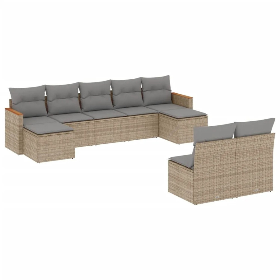 vidaXL 9-tlg Garten-Sofagarnitur in L-Form aus Polyrattan und Akazienholz, Beige mit Kissen und Stauraum - Bild 2