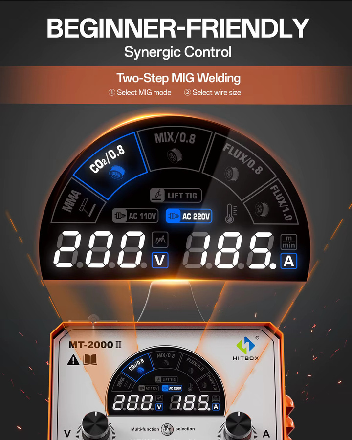 HITBOX 4-in-1 Synergic MIG-Schweißgerät MT2000II mit Dualspannung 110V/220V, Gas/Gaslos MIG MMA Lift TIG IGBT Inverter, tragbares digitales Schweißgerät für Metallarbeiten und Automobilreparaturen - Bild 7