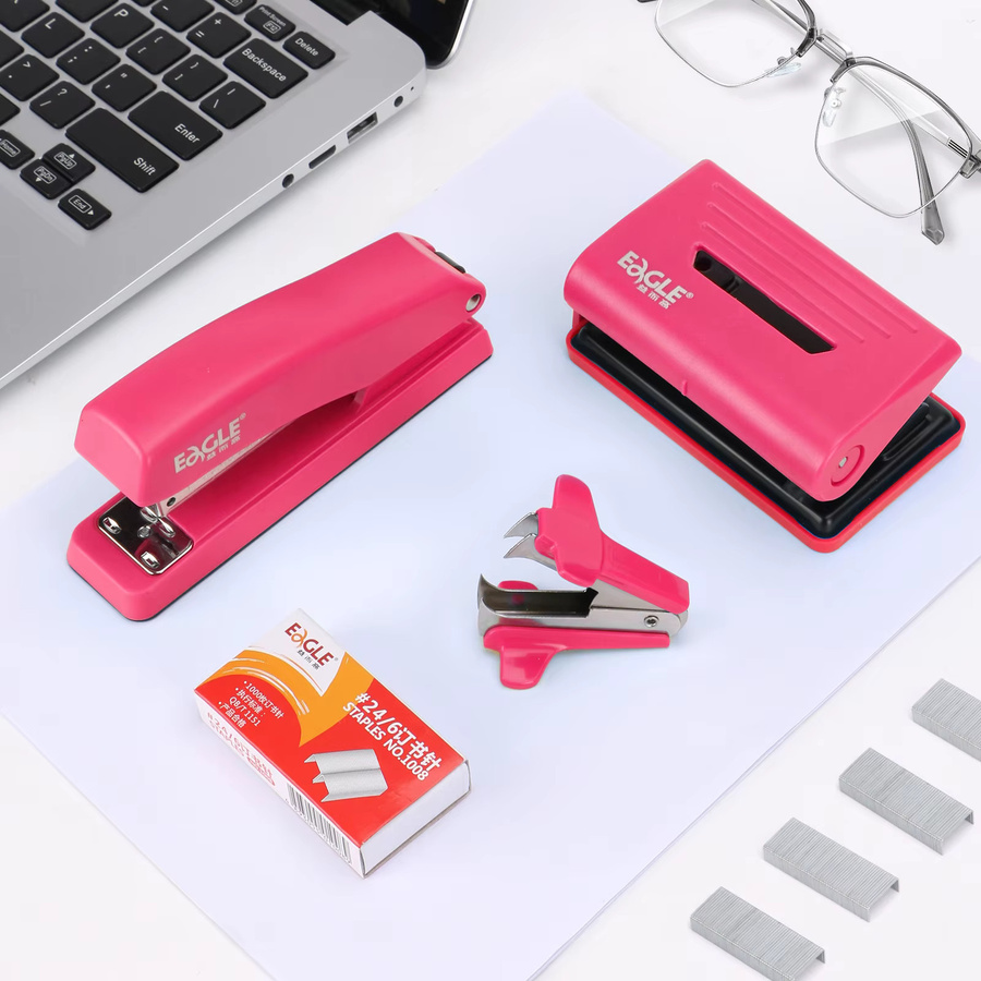 EAGLE 4-in-1 Büro-Schreibwarenset Schreibtisch-Organizer mit Hefter, 2-Loch-Stanzer, Heftklammerentferner und 1000 Heftklammern in Blau oder Pink - Bild 6