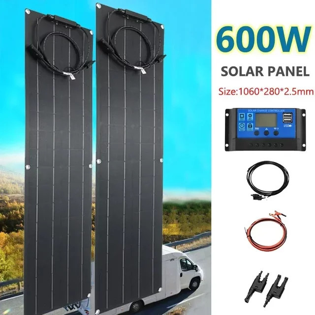 Luxuglow Flexibles Solarpanel-Kit 600W 300W mit monokristallinen Zellen als 12V Batterieladegerät für Camping, Yacht, Auto und Boot in Schwarz - Bild 1