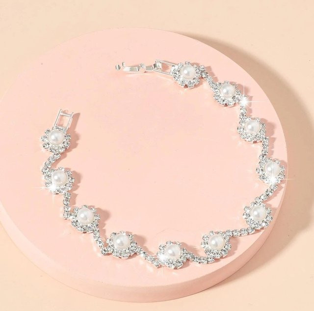 Halskette und Armband, Silber, Perle, Kristall, Damen - Bild 1