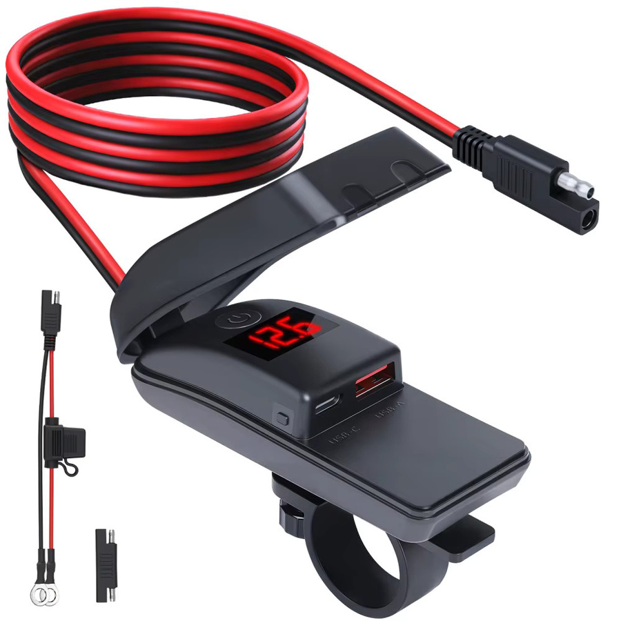 Extractme Motorrad-Ladegerät Typ C in Schwarz mit Dual-USB-QC3.0-Buchse, Schalter und wasserdichtem digitalem Voltmeter - Bild 7