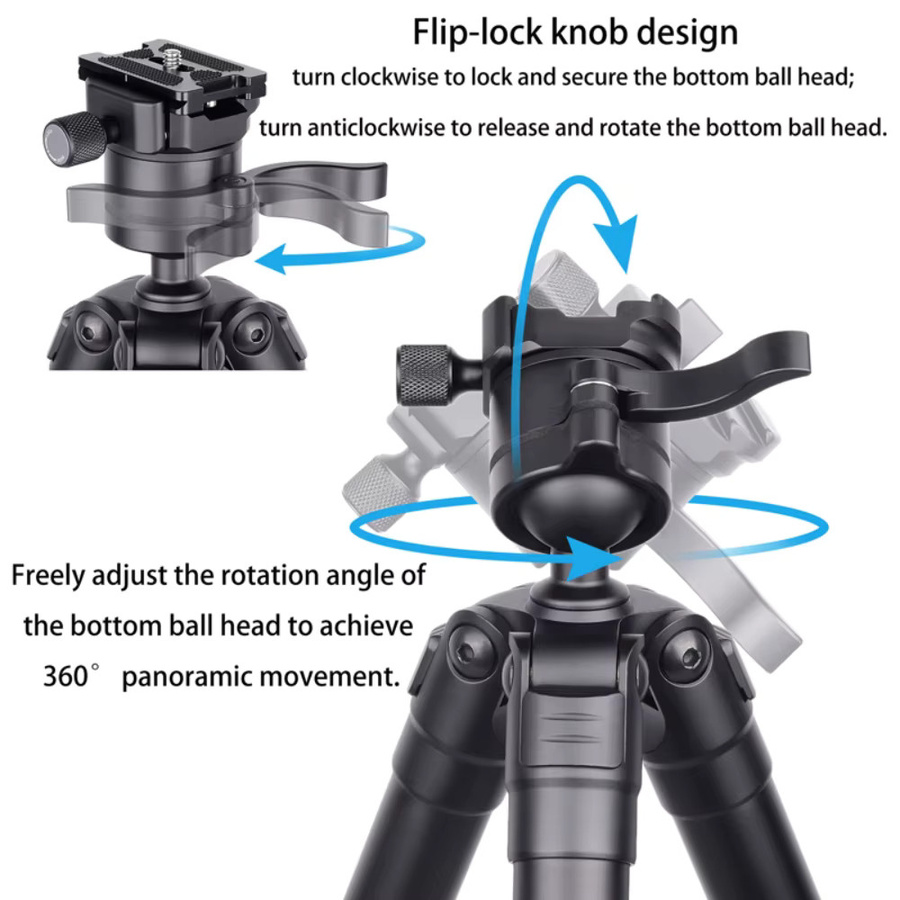 VICELK HT-06 Professionelles Fotostativ aus Aluminiumlegierung in Schwarz mit Ballkopf und 2-in-1 Picatinny-zu-Arca-Swiss-Adapter, Höhe: 155 cm - Bild 4
