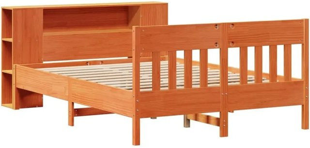 vidaXL Massivholzbett aus Kiefernholz mit Regal in Wachsbraun, B/T/H: 140 x 200 cm - Bild 1