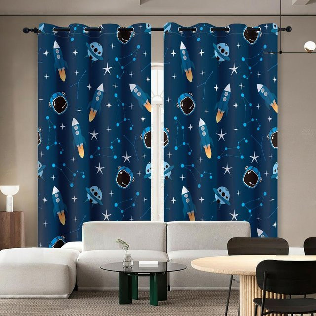 Yiran Furniture Verdunkelungsvorhänge für Kinderzimmer mit Astronauten-Weltraum-Motiv, Blau, B: 60 cm, H: 60 cm, 2er-Set - Bild 1