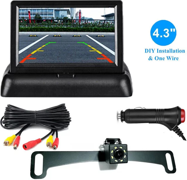 QueenDer Auto Backup Monitor Kamera Kit mit 4,3 Zoll faltbarem TFT LCD Bildschirm und Nachtsichtkamera in Schwarz - Bild 1