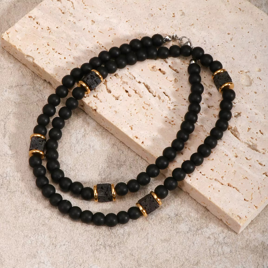 INGCHAU Halskette, Vintage, Schwarz, Perle, Lava Stein, Herren - Bild 4