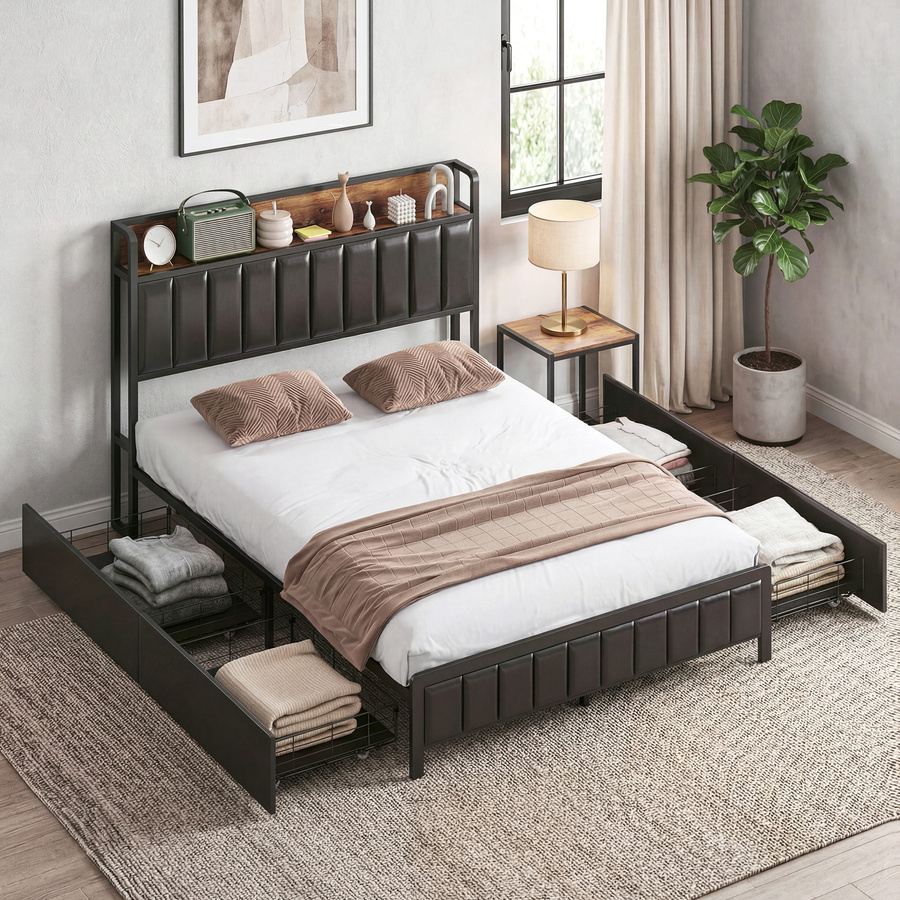 HOMCOM Doppelbett im Industrie-Stil mit Metall-Lattenrost, gepolstertem Synthetik-Kopfteil, 4 Schubladen und Ablage, schwarz, B/T: 140 x 190 cm - Bild 2