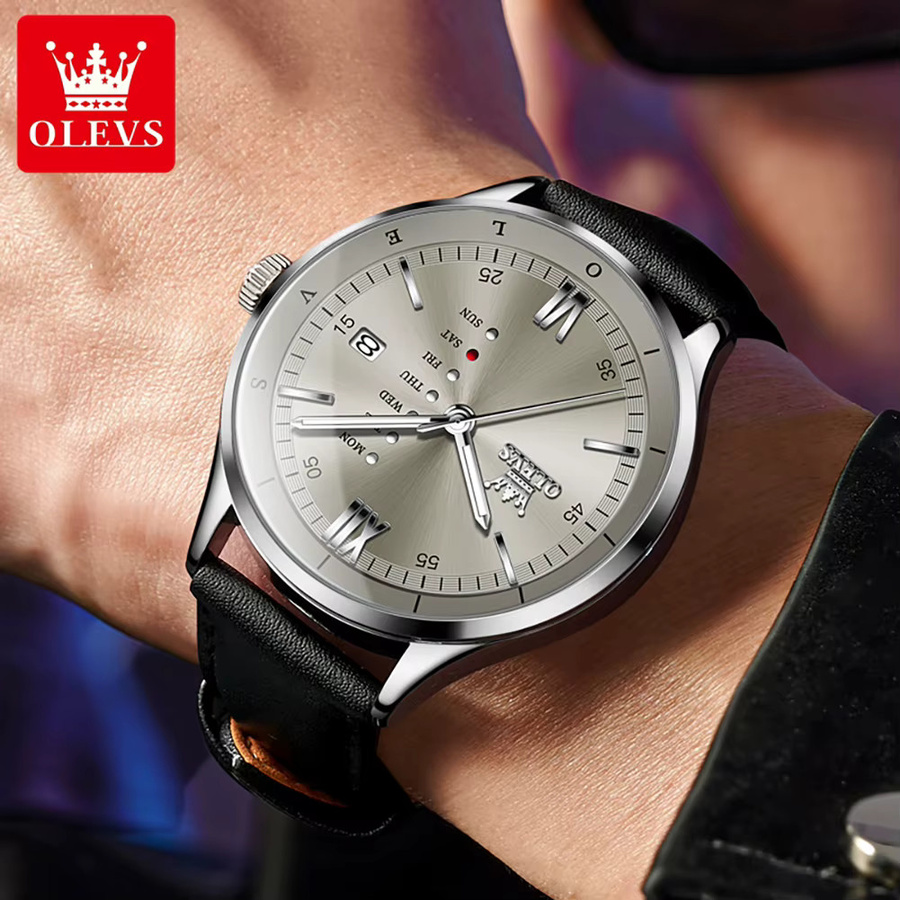 OLEVS Armbanduhr, Quarz, Edelstahl, Silber, Leder, Herren - Bild 3