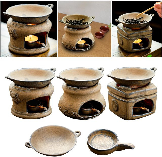 Kesoto Keramik Duftwärmer für ätherische Öle mit abnehmbaren Schmelzwürfeln, modern und handgeschnitzt, rund, Naturfarben - Bild 1