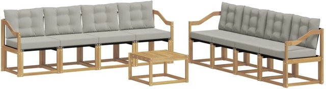 vidaXL Outdoor-Sofagarnitur 9-teilig in U-Form aus Akazienholz mit Kissen in Weiß und Hellgrau - Bild 1