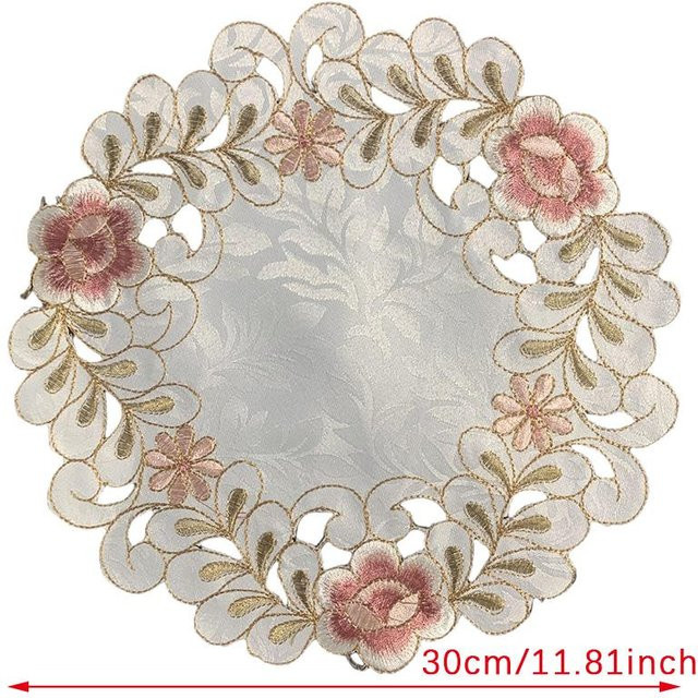 Yiran Furniture Platzset mit Satin-Rosenblumen-Stickerei in Multicolour, rund, aus Polyester-Baumwolle - Bild 1