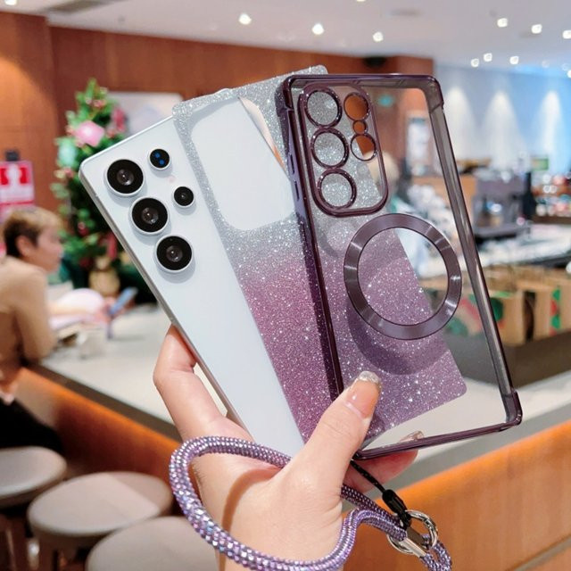 Magnetische Glitzer-Handyhülle für Samsung S25, S24U, S24FE und S23 in Transparent mit Handschlaufe und Softshell-Design - Bild 1