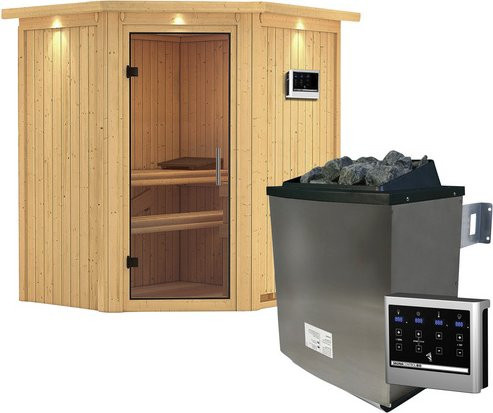 Karibu Sauna Narva aus Fichtenholz in Beige inklusive 9 kW Saunaofen mit externer Steuerung für 3 Personen, B/T/H: 202 x 184 x 165 cm - Bild 1