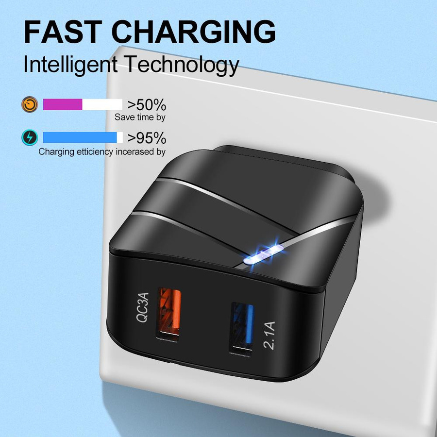 VAORLO 28W USB Schnellladegerät mit Doppelter USB 3.0 Buchse und Leuchtendem Anschluss in Schwarz - Bild 6