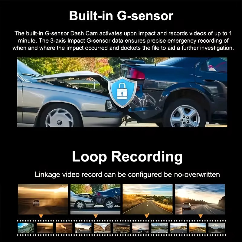 Nuokaiqi Dual-Kamera-Dashcam in Schwarz mit 1080P/720P Auflösung, 170 Grad Weitwinkel, Nachtsicht, 24-Stunden-Parküberwachung, G-Sensor und Schleifenaufnahme - Bild 2