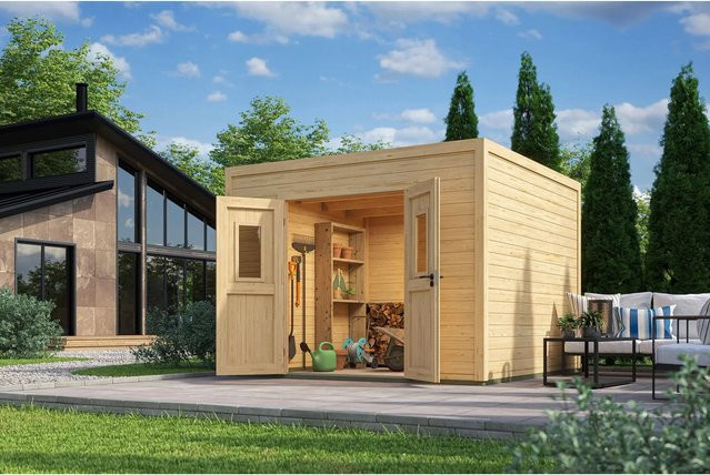 Lasita Blockbohlenhaus Felix Gartenhaus mit Flachdach, naturbelassen, braun, B/H/T: 300 x 222,3 x 300 cm - Bild 1