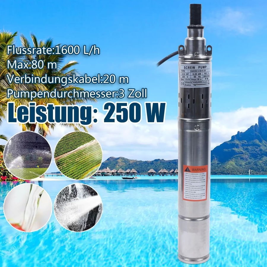 Bymaocar 3-Zoll Tiefbrunnenpumpe aus Edelstahl in Silber, 250 W mit 20 m Kabel und IP68 Schutz - Bild 2