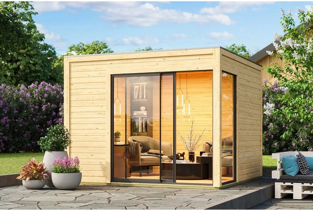 Karibu Gartenhaus Dillen 1 aus Massivholz mit Schiebetür und Einscheibensicherheitsglas in Natur - Bild 1