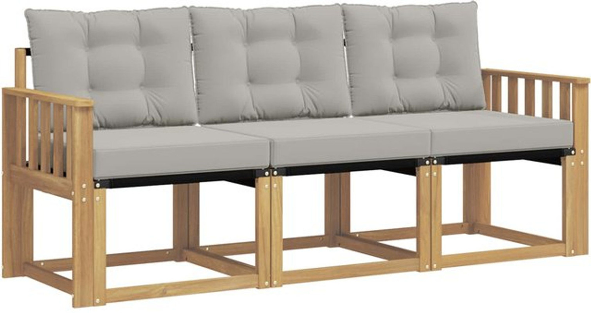 vidaXL Outdoor-Sofagarnitur aus Akazienmassivholz mit Kissen, 3-teiliges Loungemöbel-Set in Weiß und Grau - Bild 1