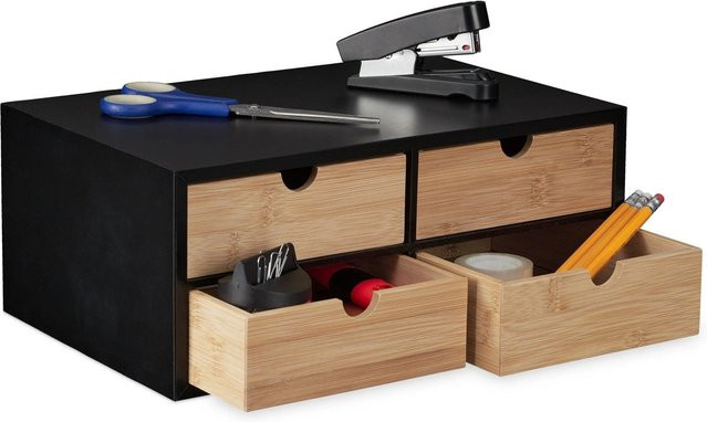 Relaxdays Schreibtisch Organizer aus Bambus und MDF in Schwarz und Natur mit 4 Schubladen, B/T/H: 33 x 13,5 x 21 cm - Bild 1