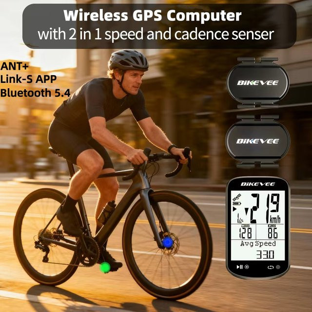 Bikevee GPS Wireless Fahrradcomputer in Schwarz mit 2,6 Zoll Display, Bluetooth und ANT+ inklusive Trittfrequenz- und Geschwindigkeitssensor - Bild 1