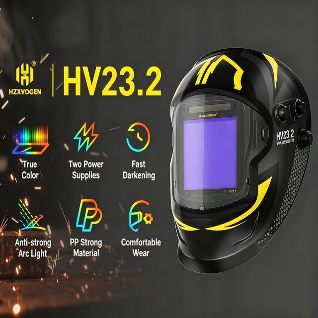 HZXVOGEN HV23.2 Automatisch abdunkelnder Schweißhelm in Schwarz mit 4 Lichtbogensensoren, Solarbetrieb und austauschbarem Lithium-Akku, Dual-Power, 3 Modi für Schleifen, Schneiden und Schweißen - Bild 1