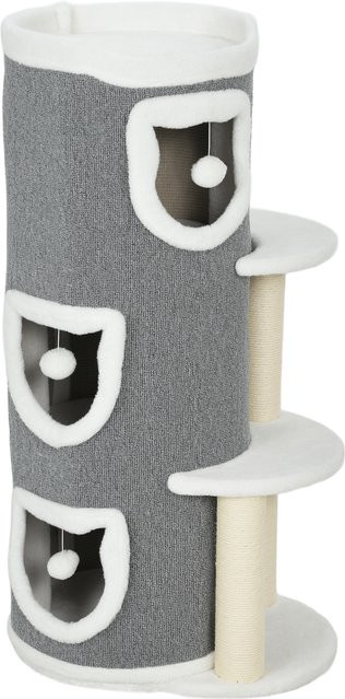 PawHut Kratztonne für Katzen in Grau mit Höhle, Spielball und Sisal-Kratzmöglichkeiten, Höhe: 101 cm - Bild 1