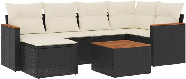 vidaXL 7-tlg Garten-Sofagarnitur in L-Form aus Poly-Rattan und Akazienholz mit Kissen in Schwarz und Cremeweiß - Bild 1
