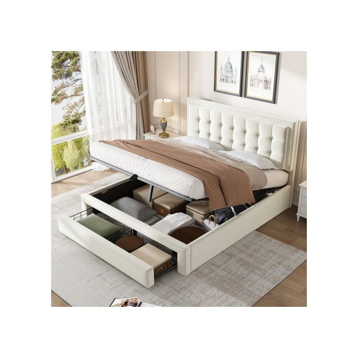 MUVOE Bettgestell in Beige mit 2 Schubladen und verstellbarem Kopfteil, B/T: 190 x 140 cm - Bild 2